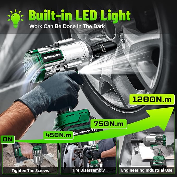 1200N.m(900ft-lbs) Cordless Impact Wrench, 1/2 Impact Socket Set, High Torque 1/2" Impact Gun With 4* CR-MO Sockets & 1* 3'' Extension Rod, 2* 21V 4.0Ah Battery, Fast Charger & Storage Case