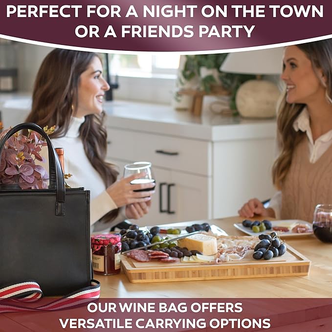 FIORI & ROSSI PU Leather Wine Bottle Carrier Bag - Insulated Wine Bag to Store & Carry up to 3 Bottles for Travel, Picnics & Parties - Wine Tote Bag Buckle & Zipper Closure Sleeve Dividers - Black