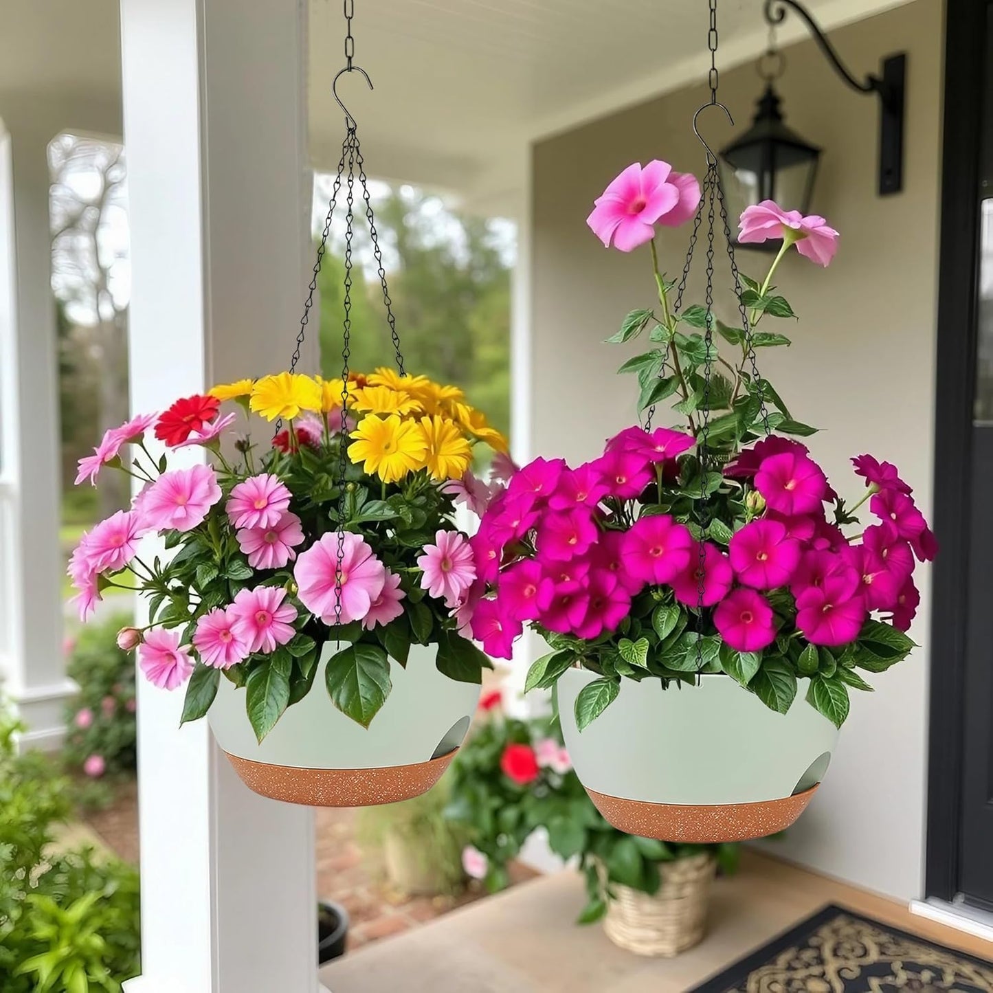 2 Pack Hanging Planters for Indoor Outdoor Plants, 12 Inch Self Watering Hanging Pot with Drainage Holes and Saucer, Plastic Plant Pots, Green Brown Flower Pots for Kitchen, Balcony, Garden