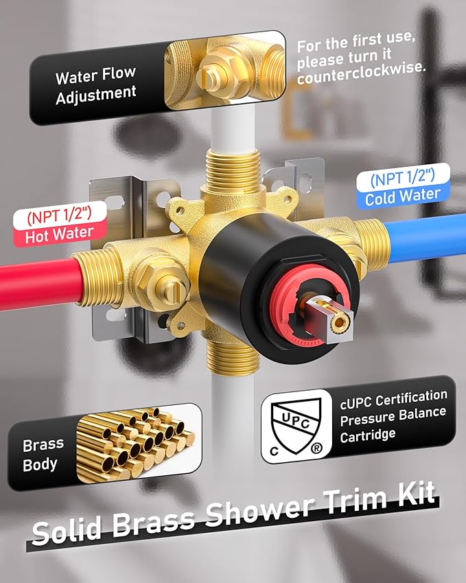 Shower Faucet Set with Valve, WOWOW Shower Trim Kit with 6-Inch Rain Shower Head and Tub Spout, Single Handle Shower Tub Combo complete Sets Wall Mount, Black and Gold
