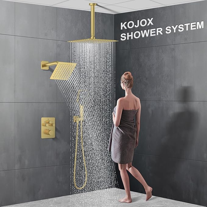 KOJOX Brushed Gold Thermostatic Shower System, Push Button Diverter Shower Faucet Set with 12" Ceiling Mount Rain Shower, 6" Wall Mount Shower Head, and 4-in-1 Handheld Spray