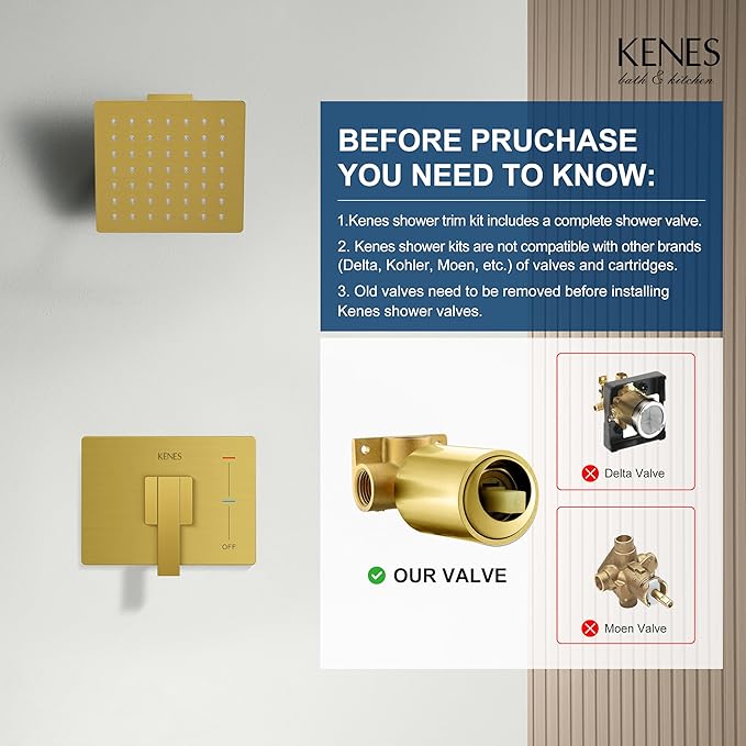 KENES Modern Brushed Gold Shower Faucet, Square Shower Trim Kit with Single-Spray Stainless Gold Rain Shower Head, Shower Trim Systems Wall Mount, KE-6025B-4 (Shower Valve Included)
