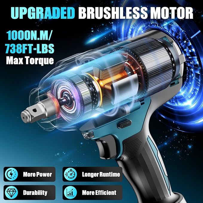 1/2" Cordless Impact Wrench, 1000N.m (740Ft-lbs) Brushless Impact Gun, 2x4.0Ah Batteries, Max 2700RPM with Reverse Auto-Stop & LED Light for Car Truck Lug Nuts, Auto Repair, Industrial & DIY