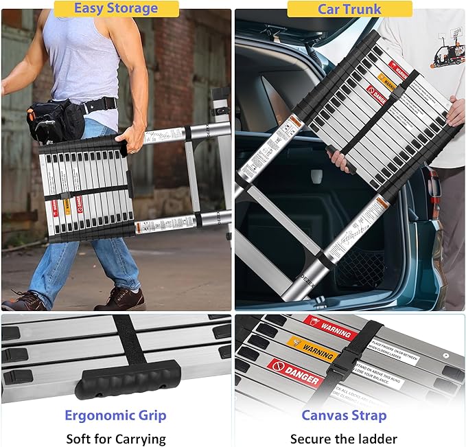 16.5 FT Stainless Steel Telescoping Ladders - One-Button Retraction Collapsible Extension Ladder for Home,RV,Attic,Lasts 375 LBS