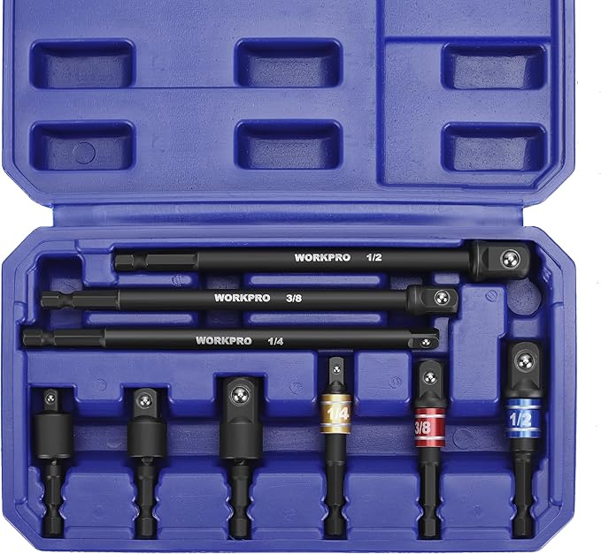 WORKPRO Impact Grade Socket Adapter Set (Basic/Swivel/Long), 1/4", 3/8", & 1/2" Drive, Extension Driver Bit With Case, for Power Drill to High Torque Impact Wrench, 9PCS