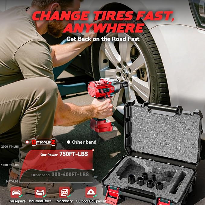 Cordless Impact Wrench 1/2" Compatible with Milwaukee 18v Battery, 750 Ft-lbs High Torque Impact Driver with 6Pcs Sockets & Storage Case, Brushless Impact Gun with 4-Speed & LED Light(Bare Tool)