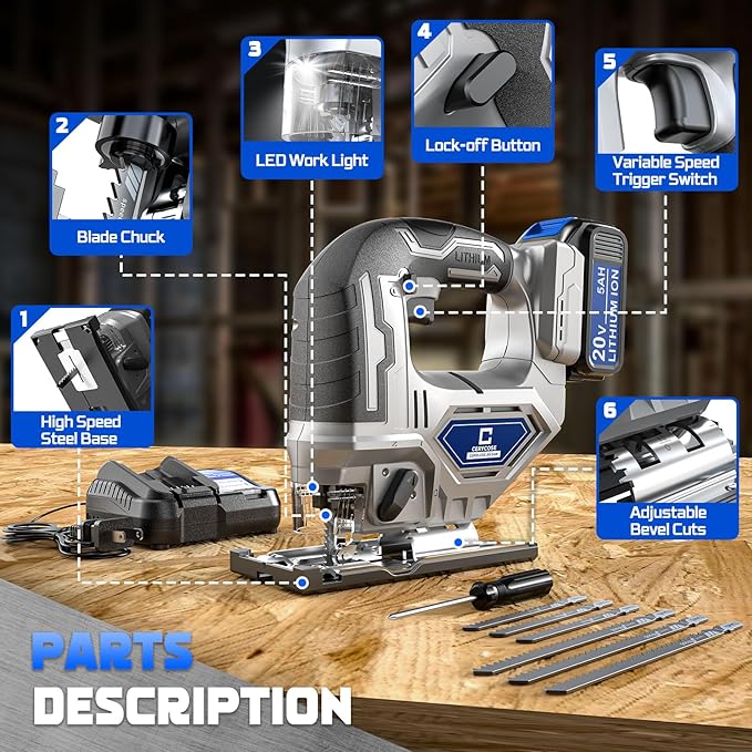 Jigsaw Compatible With Dewalt 20v Max Battery, Cordless jig saw Brushless Motor, 0°- 45° Bevel Cuts, LED Light with 3 Position Orbital Setting for Cutting (With 5Ah Battery & Charger Station Kit)