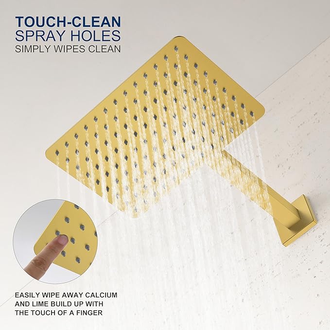 KENES Brushed Gold Shower Faucet, Modern Square Shower Trim Kit with Single-Spray Gold Shower Head, Wall Mount, KE-6024B-4 (Including Shower Valve)