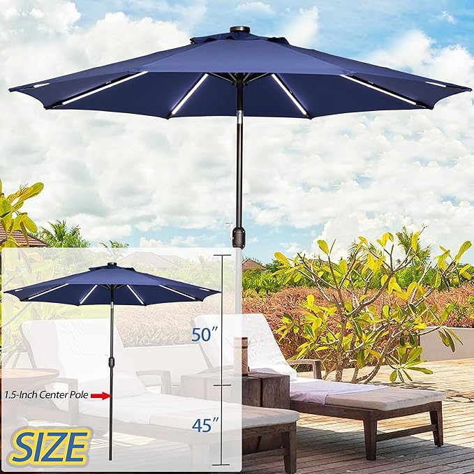 Sunnyglade 9FT Outdoor Solar LED Lighted Patio Umbrella with 8 LED Strip Lights & 8 Ribs, Convenient Crank Lift System
