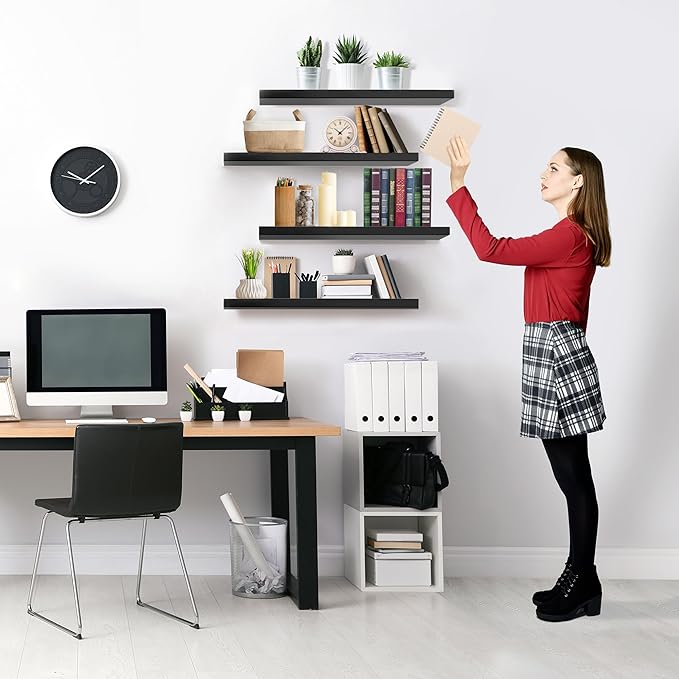 Sorbus Floating Shelves for Wall - 24" Bathroom Shelves, Wall Decor for Bedroom, Kitchen, Living Room, Home Decor & Book Storage - Mounted Floating Shelf with Invisible Brackets (Black, 4 Pack)