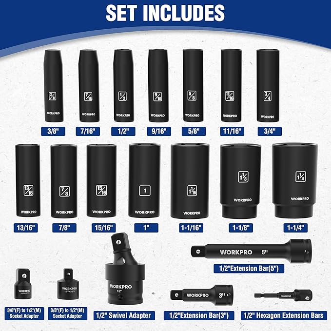 WORKPRO 20-Piece 1/2" Drive Deep Impact Socket Set, 6-Point, Cr-V Steel, 10-27mm, Universal Joint, Adapter and Extension Bar, SAE