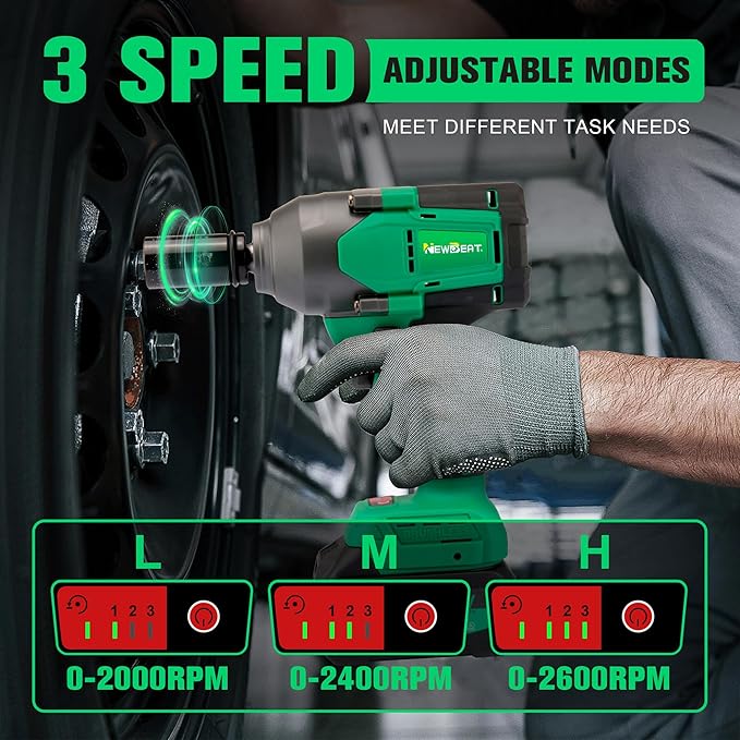 NEWBEAT Cordless Impact Wrench, 1/2 inch Impact Gun, Electric Impact Wrench Max Torque 800 N.m, 21V Brushless with 2 * 4.0Ah Battery and Charger, Power Impact Driver Tools for Men