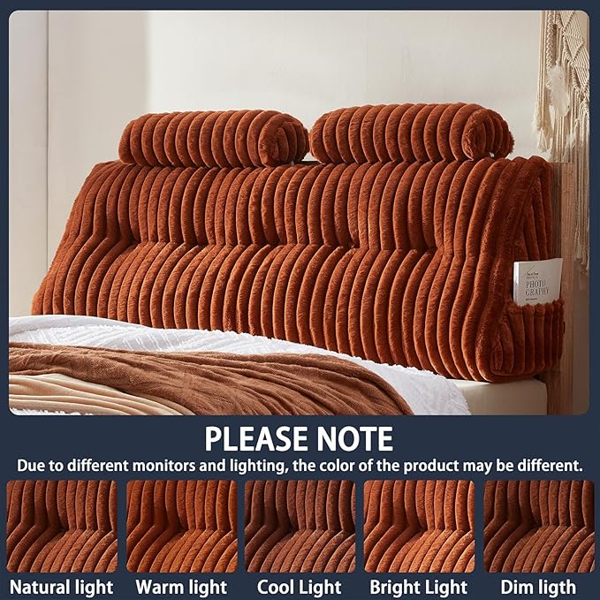 Faux Fur Headboard Pillow with 2 Pack Neck Roll Pillow Large Headboard Pillow Soft and Supportive with Removable Cover (Brown, Queen)