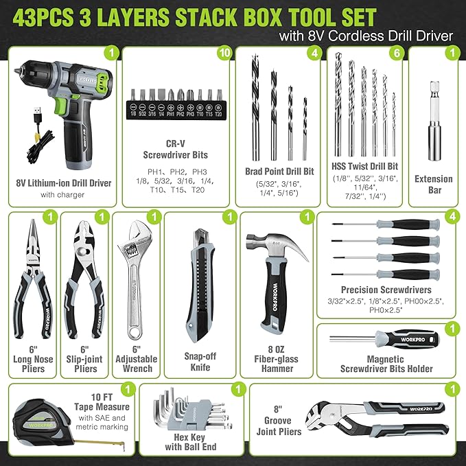 WORKPRO 43PCS Cordless Lithium-ion Drill Driver & Toolbox, 8V 2.0 Ah Power Drill Set with Household Hand Tool Kit, Battery Powered Screwdriver with Stackable Tool Box