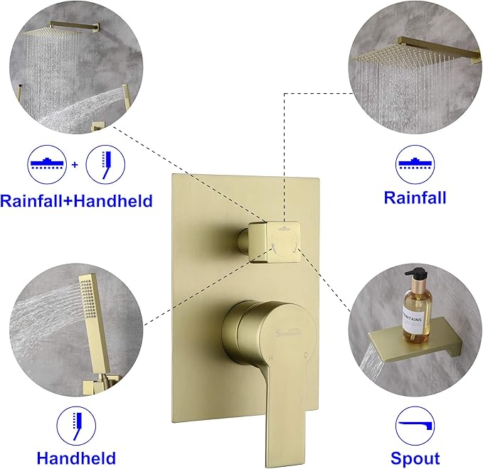 SHAMANDA Shower System with Waterfall Tub Spout and Handheld Shower Head, 12" Rain Shower Faucet Sets Complete with Shower Round-in Valve and Trim Wall Mount, Brushed Gold, L101-3