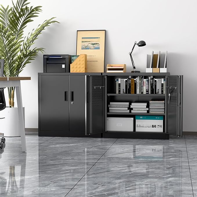 Metal Storage Cabinets with Pegboards and Hooks, 31.5" H Metal Garage Cabinets with Locking Doors and 2 Adjustable Shelves for Home,Office,Garage,School,Assembly Required,Black