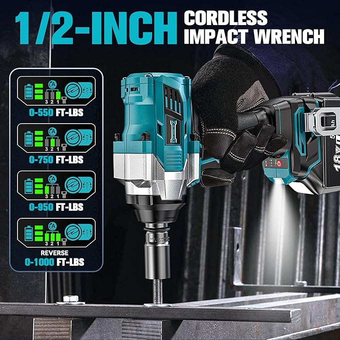 Cordless Impact Wrench 1/2 inch Compatible with Makita 18V Battery, 1000Ft-lbs (1360N.m) Brushless High Torque Impact Gun, Power Impact Driver for Car Truck Mower, with 2x5.0AH Battery & 6 Sockets