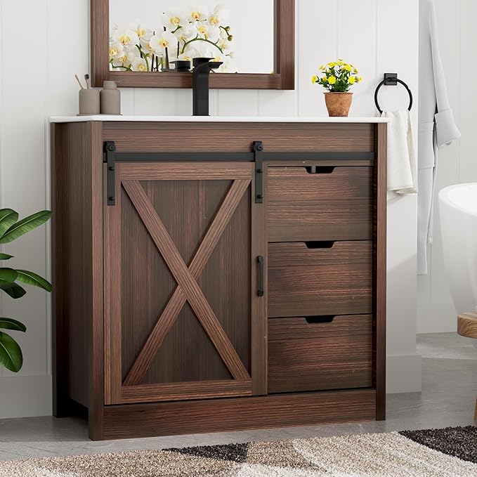 36 Inch Bathroom Vanity with Sink & Faucet & Mirror, Farmhouse Bathroom Vanity Cabinet Set with Sliding Barn Door & Drawers, Small Single Bath Storage Vanity Sink, Brown