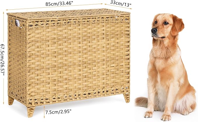 Laundry Hamper with 4 Removable Liner Bags; 176L Handwoven Rattan Laundry Basket with Lid & Heightened Feet; Clothes Hamper with Side Handles (Natural)