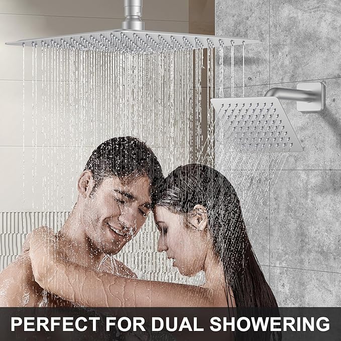 KOJOX Brushed Nickel Thermostatic Shower System, Push Button Diverter Shower Faucet Set with 12" Ceiling Mount Rain Shower, 6" Wall Mount Shower Head, and 4-in-1 Handheld Spray