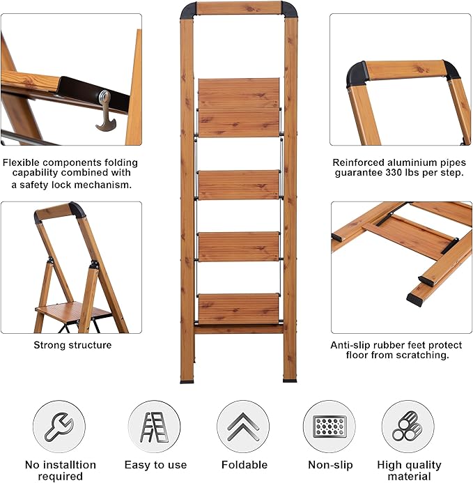 Step Ladder 4-Step Woodgrain Finish Aluminum Folding Step Stool Wide Pedal,Anti-Slip Portable Sturdy for Home & Kitchen Office 330 lbs