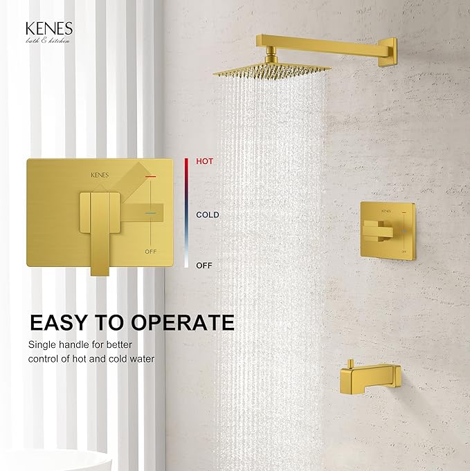 KENES Brushed Gold Tub and Shower Trim Kit, Modern Shower Faucet Set with Single-Spray Gold Shower Head, Square Shower Faucet, KE-6024A-4 (Shower Valve Included)