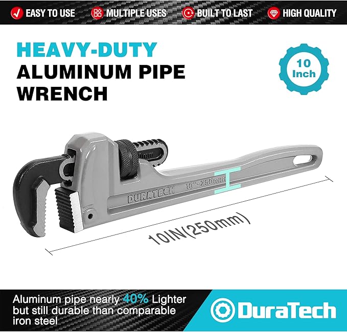 DURATECH 10-inch Heavy Duty Aluminum Straight Pipe Wrench, Adjustable Plumbing Wrench, Drop Forged, Exceed GGG standard