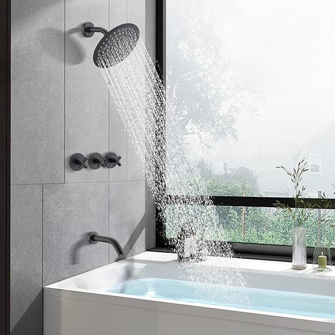 PROOX 3 Handle Tub Shower Faucet Set, 8" Rainfall Shower Head with Tub and Shower Trim Kit with Rough-in Valve, Matte Black Bathtub Shower Faucets, Wall Mounted Bathroom Rain Shower System