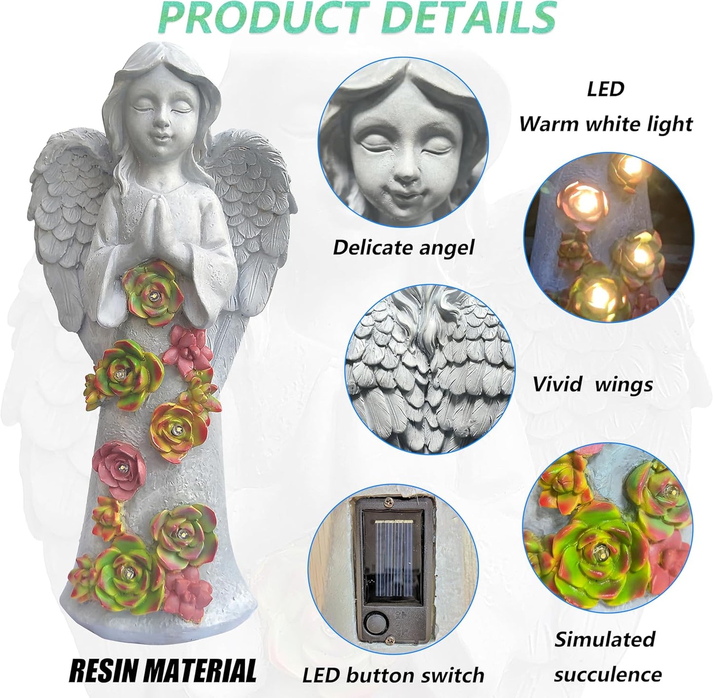 Angel Solar Garden Outdoor Statues with Succulent Plants and 6 LED Lights– Outside Solar Garden Decor Figurines -Remembrance & Sympathy Gifts Decorations