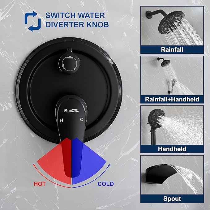 SHAMANDA Luxury Tub Shower Faucet Set with Round-in Valve, Wall Mounted Shower System with Waterfall Tub Spout and 6-Setting Rain Shower Head with 9-Setting Handheld, Matte Black, L8083-7