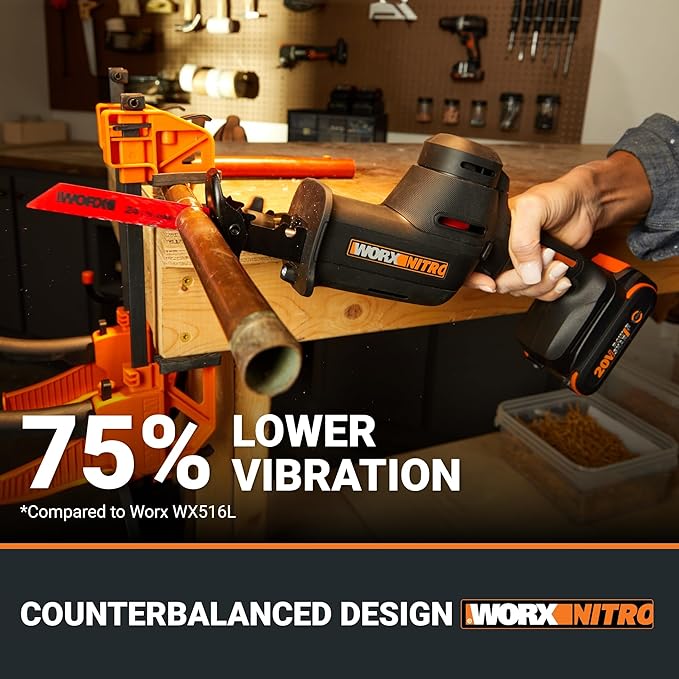 WORX 20V Compact Electric Cordless Reciprocating Saw, 1” Stroke Length, Brushless Motor for 50% Longer Runtime, Lightweight Design for One-handed Operation –Battery & Charger Included WX501L
