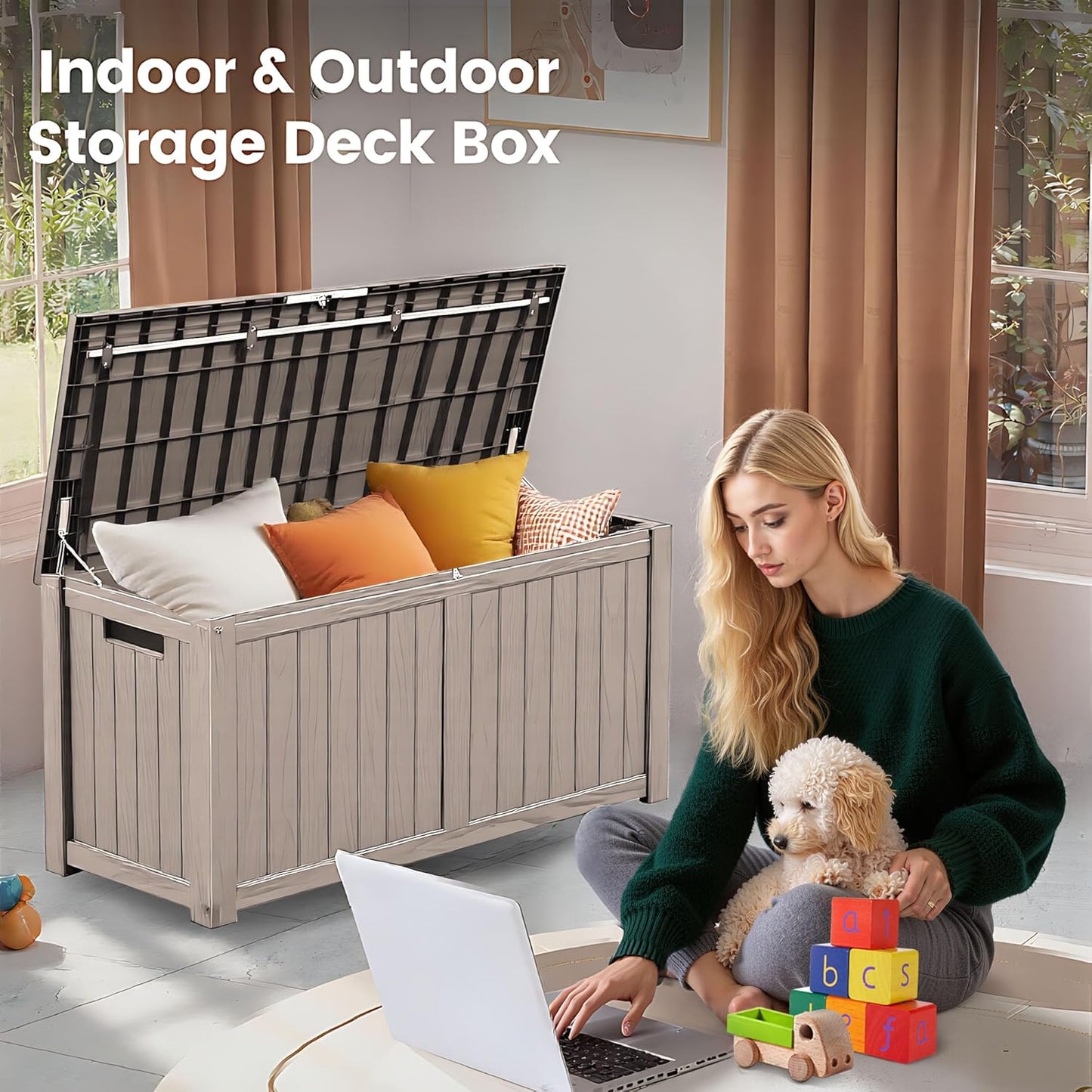 120 Outdoor Storage Box, Waterproof Resin Deck Box for Indoor & Outdoor Use, Lockable Storage Bench with Piston Hinge, Storage Bin for Patio Cushions, Garden Tools, Package Delivery, Grey