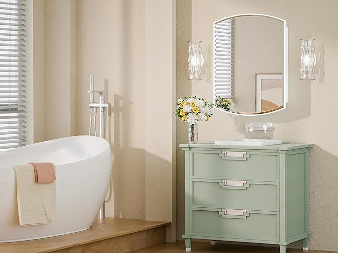 Keonjinn White Medicine Cabinet with Mirror 24” x 30”, Metal Framed Wall Cabinet with Beveled Mirror, Surface Mount or Recessed Medicine Cabinet for Bathroom, Bathroom Mirror with Storage