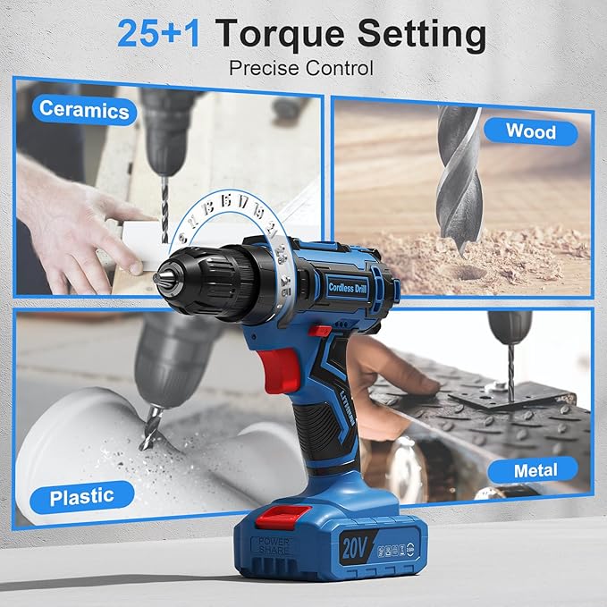 Cordless Drill Set, 20V Power Drill with Power Pack 2.0Ah and Charger, 3/8-Inch Keyless Chuck Electricdrill, 25+1 Torque, 42pcs Drilldriver Bits/Screws for DIY Projects (Blue)