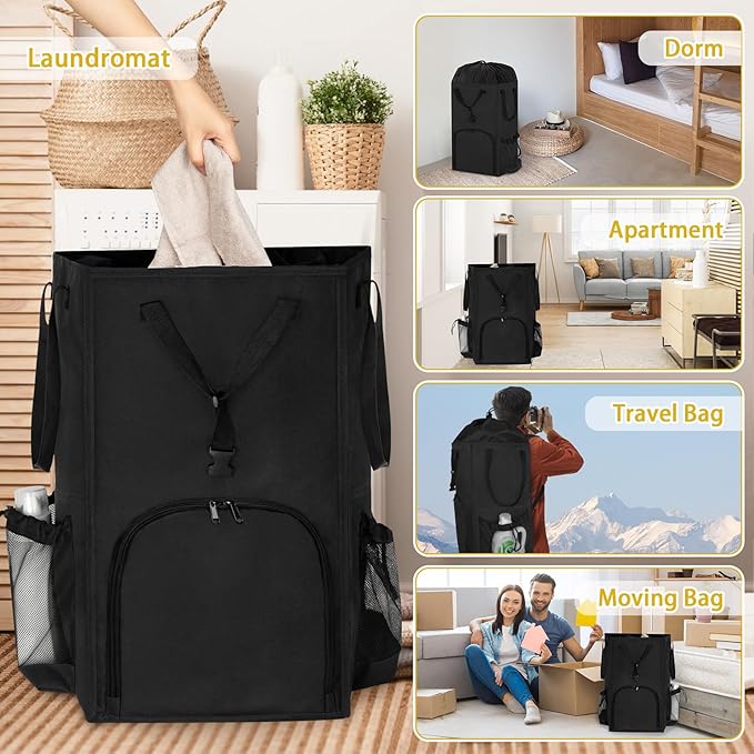 Laundry Bag Backpack Extra Large, 110L Laundry Backpack Heavy Duty with Shoulder Straps, Collapsible and Mesh Pocket Dorm Laundry Basket Hamper Bag for College, Travel, Laundromat, Apartment Black
