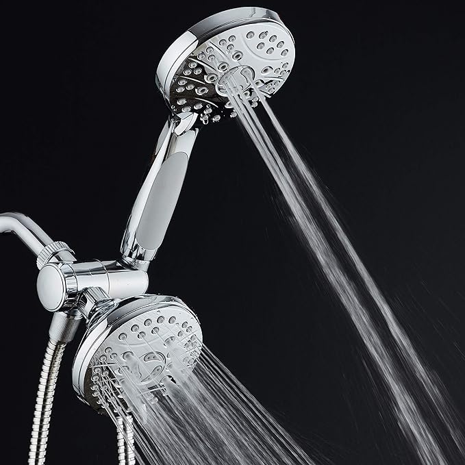 AquaSpa High Pressure 48-mode Luxury 3-way Combo – Dual Rain & Handheld Shower Head – Extra Long 6 Foot Stainless Steel Hose – Anti Slip Grip – All Chrome Finish – Extra Wall Bracket