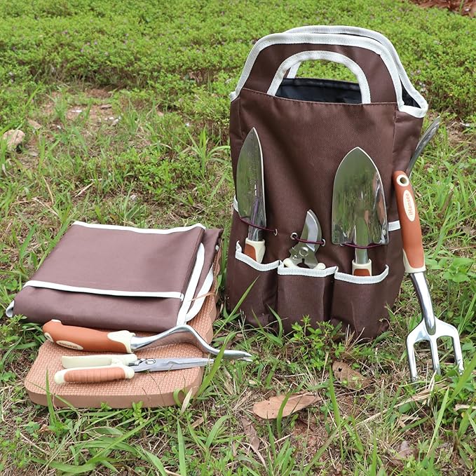 Brown Gardening Tools Set 12-Piece, Garden Hand Tool Kit with Non-Slip Ergonomic Handle, Storage Tote Bag, Garden Apron, Gloves and Kneeling Pad, Gardening Gifts for Women Men Plant Lover