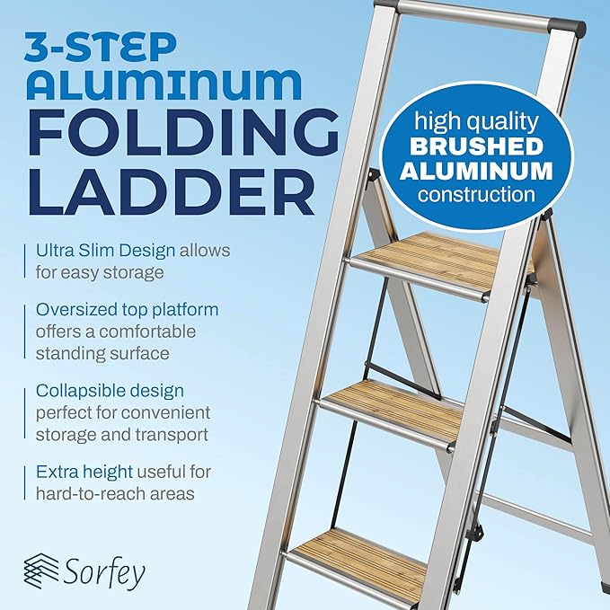Step Ladder 3 Step Folding, Decorative - Beautiful Bamboo &Silver Aluminum, Ultra Slim Profile, Anti Slip Steps, Sturdy-Portable for Home, Office, Kitchen, Photography Use,by SORFEY