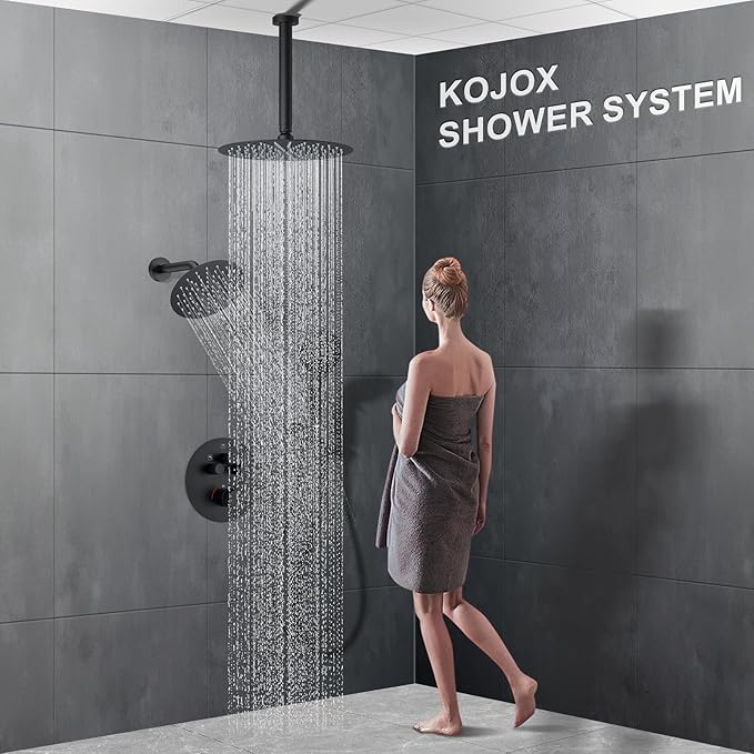 KOJOX Matte Black Thermostatic Shower System, Push Button Diverter Shower Faucet Set with 12" Ceiling Mount Rain Shower, 8" Wall Mount Shower Head, and 3-in-1 Handheld Spray