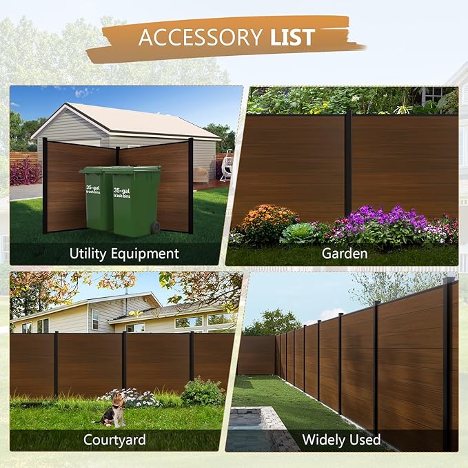 6 Feet×6 Feet Privacy Fence, Outdoor Wood Plastic Composite Fence Panel, Waterproof Security Barriers Fencing (Brown with Two 7.6FT Posts)