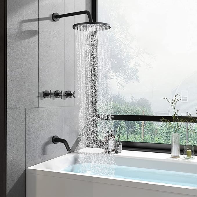 PROOX 3 Handle Tub Shower Faucet Set, 10" Rainfall Shower Head with Tub and Shower Trim Kit with Rough-in Valve, Matte Black Bathtub Shower Faucets, Wall Mounted Bathroom Rain Shower System