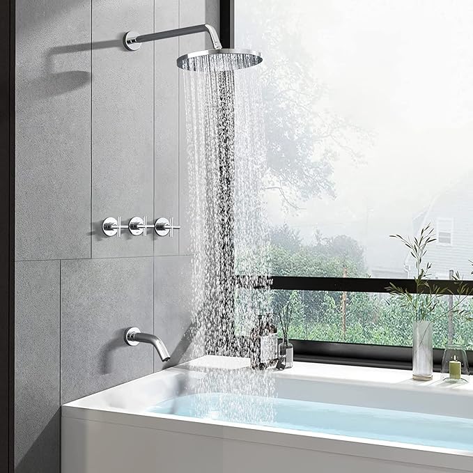 PROOX 3 Handle Tub Shower Faucet Set, 10" Rainfall Shower Head with Tub and Shower Trim Kit with Rough-in Valve, Polished Chrome Bathtub Shower Faucets, Wall Mounted Bathroom Rain Shower System