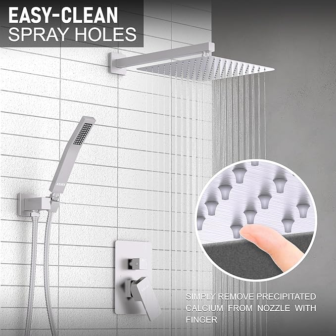 KOJOX Shower System with High Pressure 10 Inch Rainfall Shower Head, Handheld Shower head and Shower Faucet Trim valve, Bathroom Luxury Rain Mixer Shower Set Wall Mounted Brushed Nickel