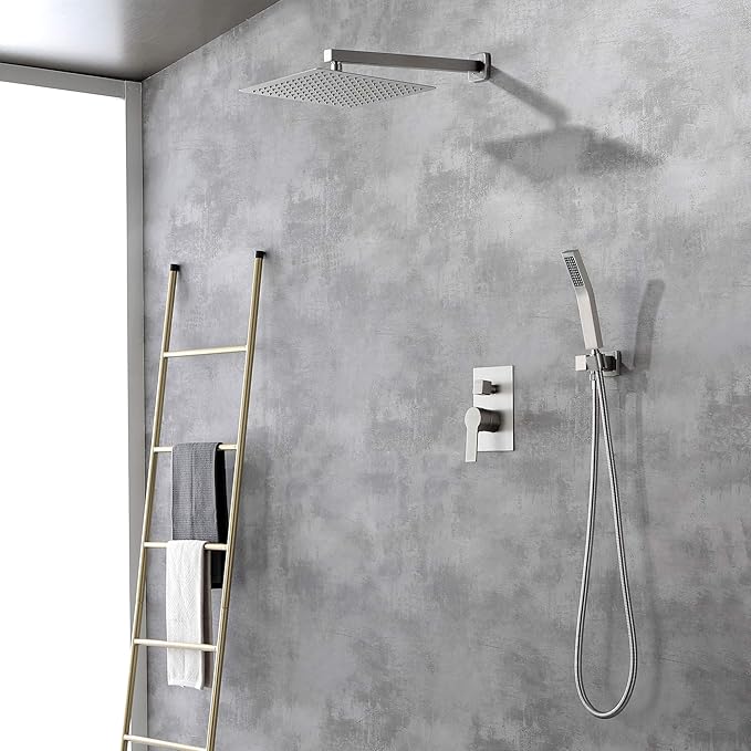 SHAMANDA Bathroom Rain Shower System, 12 Inch Luxuly Shower Head and Handheld Shower Faucet Combo Set Brushed Nickel(Including Rough-In Valve Body and Trim), Wall Mount, L7001-2