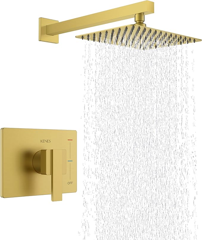 KENES Brushed Gold Shower Faucet, Modern Square Shower Trim Kit with Single-Spray Gold Shower Head, Wall Mount, KE-6024B-4 (Including Shower Valve)