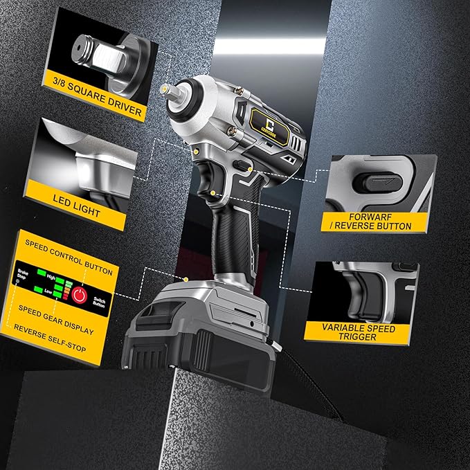 Cordless Impact Wrench for Dewalt Battery 250FT-LBS 3/8 inch 340N.m Compact Impact Gun Brushless Electric Includes LED Work Light - 2400RPM Light-Duty Impact Driver Wrench - No Battery