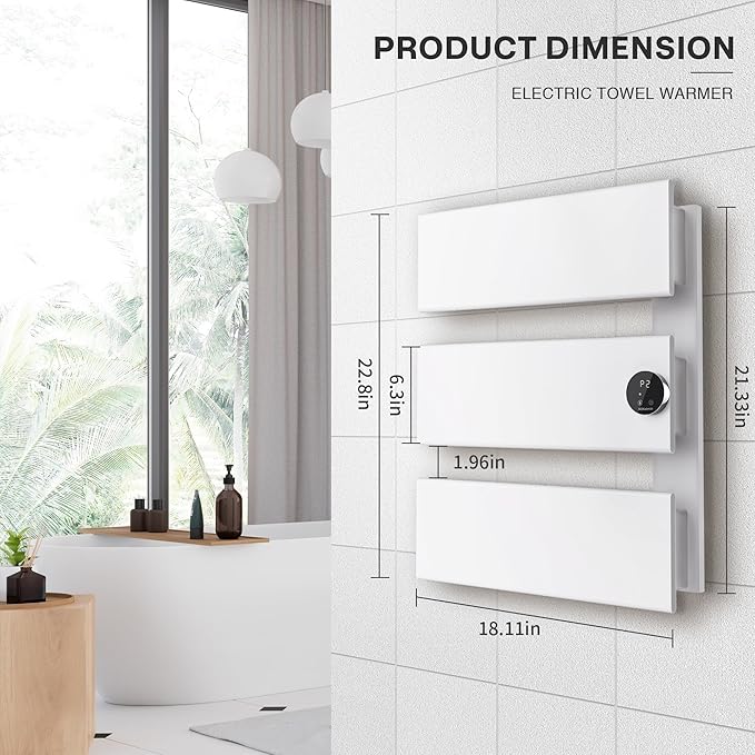 K&KALONZO Electric Towel Warmer, 18.35" W x 22.8" H Wall-Mounted Towel Heater with Built-in Timer, Waterproof Aluminum Towel Warmer for Bathroom, Support Plug-in and Hardwired, White, K3-R-W