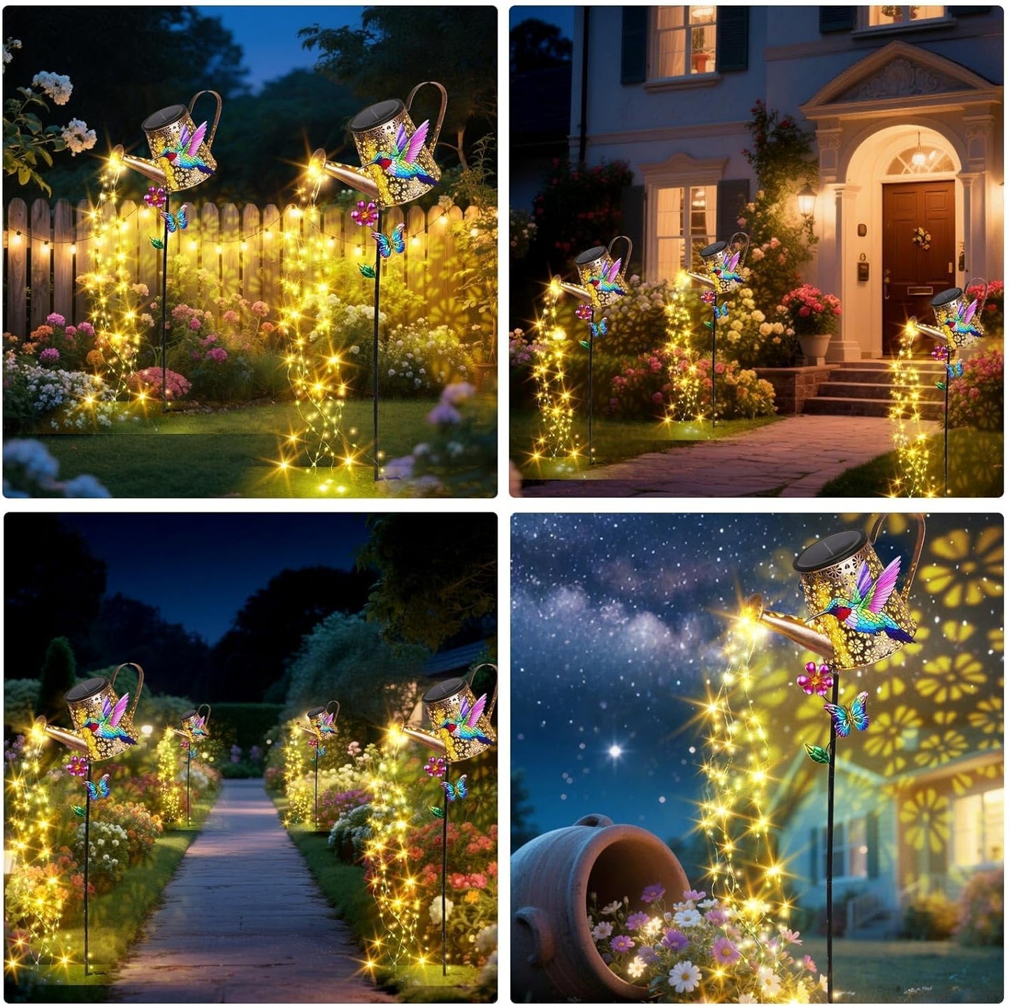 Solar Lights Outdoor Decorative,Metal Solar Watering Can Lights with Hummingbird, Waterproof Garden Stake for Yard Lawn Patio Pathway Landscape