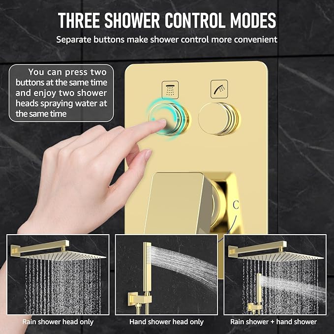 Iriber Brushed Gold Shower System Wall Mount with 12 Inch Rain Shower Head and Handheld Bathroom Champagne Bronze Shower Set Contain Shower Faucet Mixer Trim Kit (Valve Included)