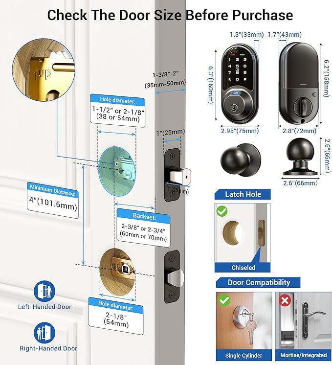 Veise RZ07C Smart Locks for Front Door, 2 Knob Handle Set, Fingerprint Keyless Entry, App Control Biometric Lock, Electronic Digital Touchscreen Keypad Deadbolt, Easy Install, Auto Lock, Matte Black